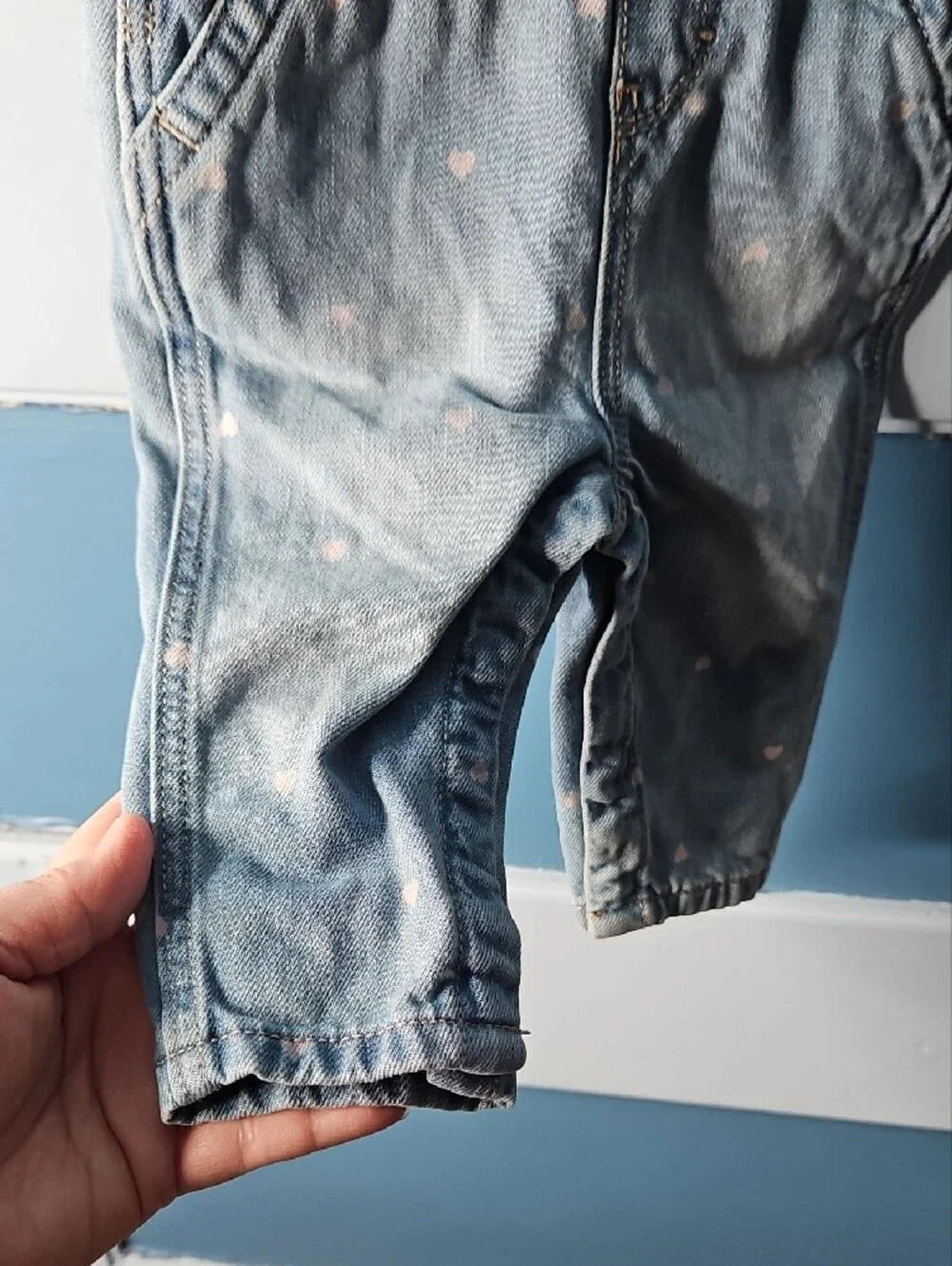 OshKosh B'gosh Light Blue Denim Heart Pocket Overalls with Pink Hearts 6 Months